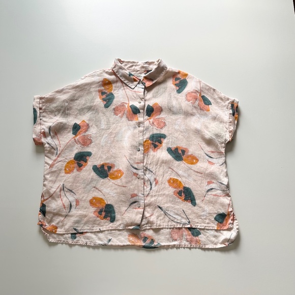 Rachel Zoe 100%‎ Linen Floral Print Button Up Shirt Size Medium Blouse Top Peach - Picture 6 of 16